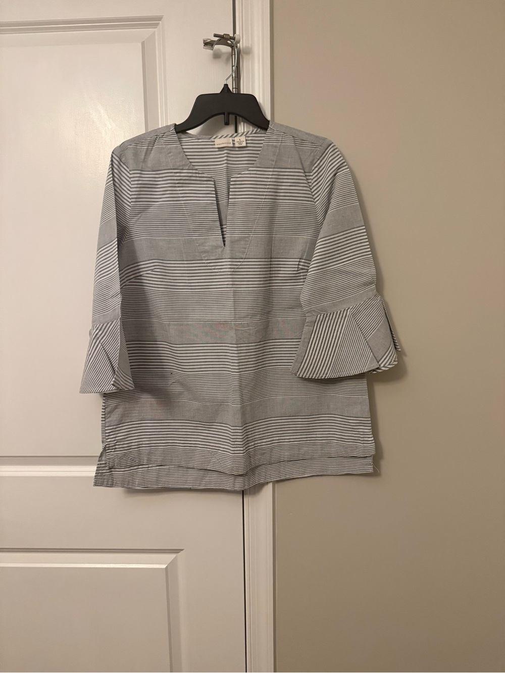Westbound Gray and White Striped Bell Sleeve Tunic